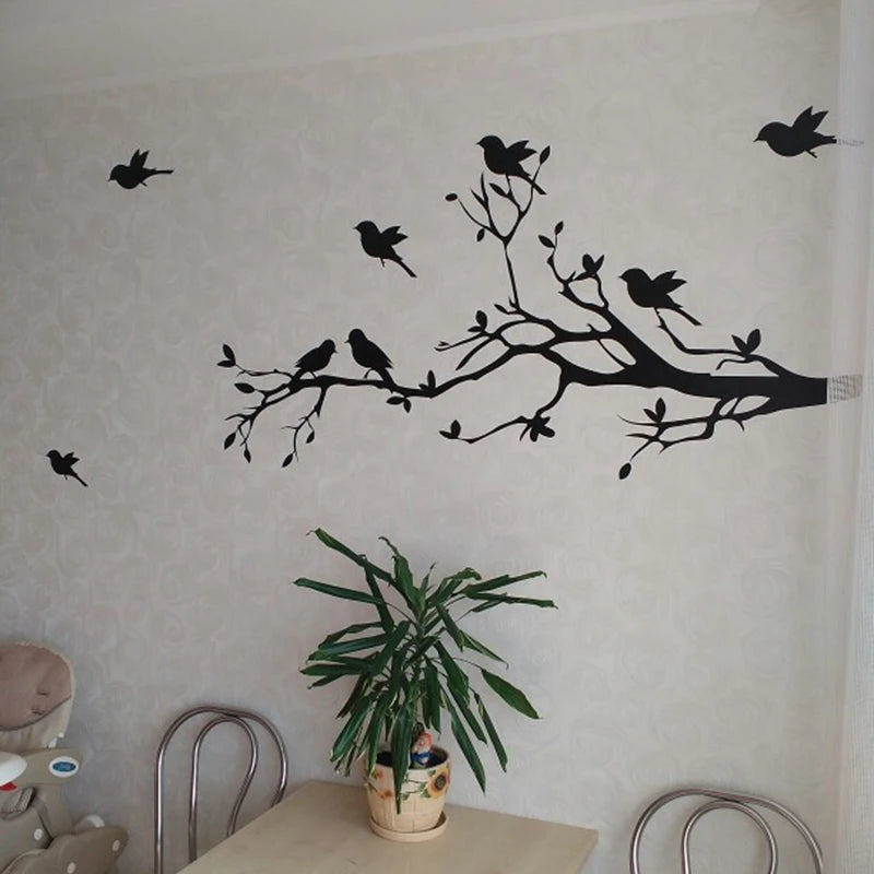 Large Size Tree Branch With 10 Birds Vinyl Wall Sticker DIY Creative Removable Wall Decals Living Room Decorative Home Art Mural