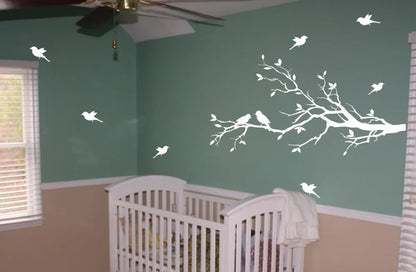 Large Size Tree Branch With 10 Birds Vinyl Wall Sticker DIY Creative Removable Wall Decals Living Room Decorative Home Art Mural