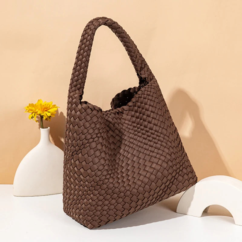 Neoprene Leather Woven Underarm Bag Pure Hand-woven Bags Basket Design Large Capacity Shoulder Bag Commuter Classic Handbag