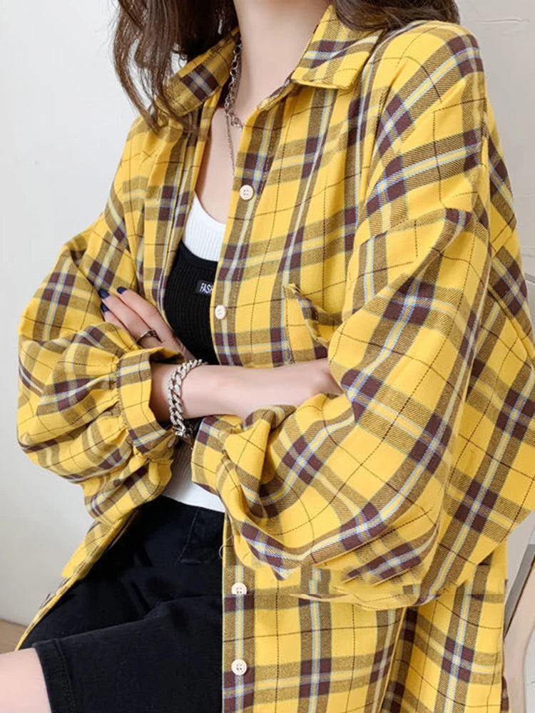 JMPRS Fashion Plaid Women Shirt Fashion Korean Oversize Tops Harajuku Daily All-match Long Sleeve Chic Female Yellow Shirts New