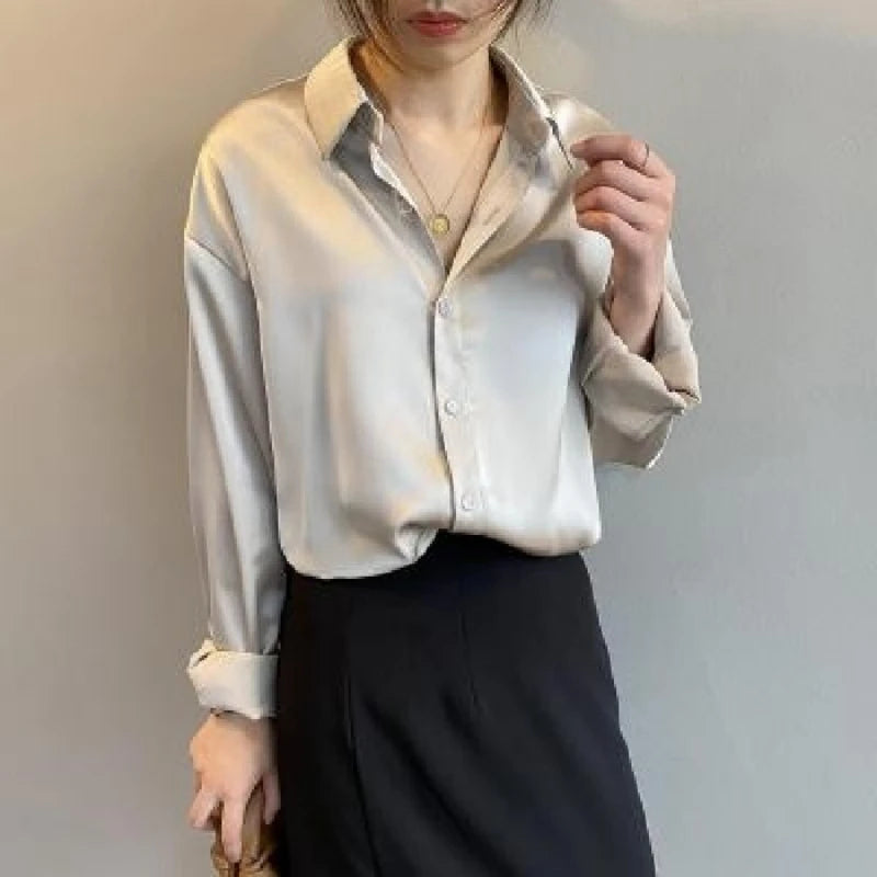 Spring Fashion Button Up Silk Shirt Vintage Blouse Women Satin Tops Office Lady Elegant Long Sleeves Female Loose Shirts 11355