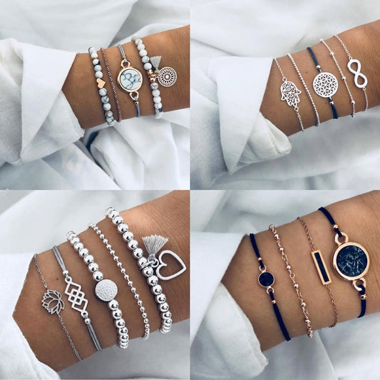 Boho Geometric Bracelet &amp; Bangle Sets For Women Vintage Star Map Hand Heart charm Beads Chains Fashion Jewelry Accessories