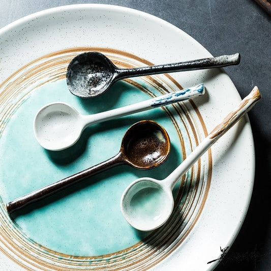陶瓷湯勺日式餐具吃飯勺子創意長柄勺子廚房炊具工具茶匙廚房用