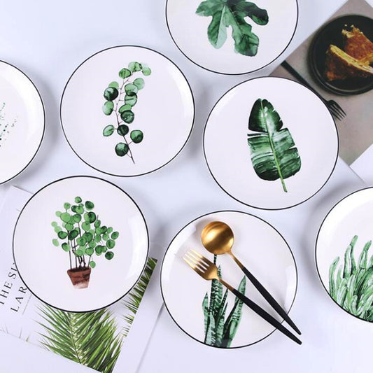 8 英寸綠色植物陶瓷盤晚餐瓷質甜品盤牛肉盤水果盤蛋糕盤食品陶瓷餐具 1 件